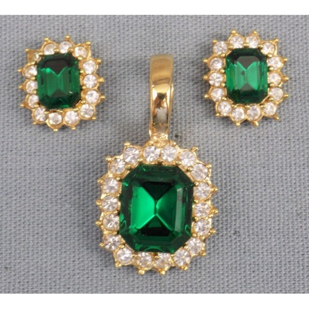 Roman Emerald Green & Clear CZ Signed Pendant & Pierced Earrings Set Rhinestone